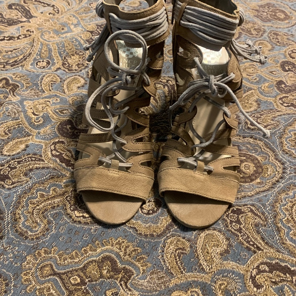 Vince Camuto Tan and Gray Lace-Up Sandals